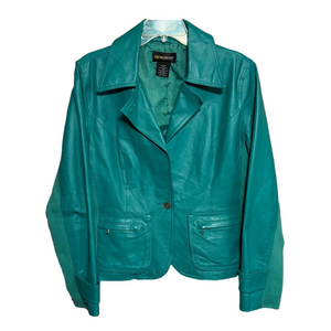 Y2K Vintage Metrostyle Teal Leather One Button Blazer Jacket Size 14 Large